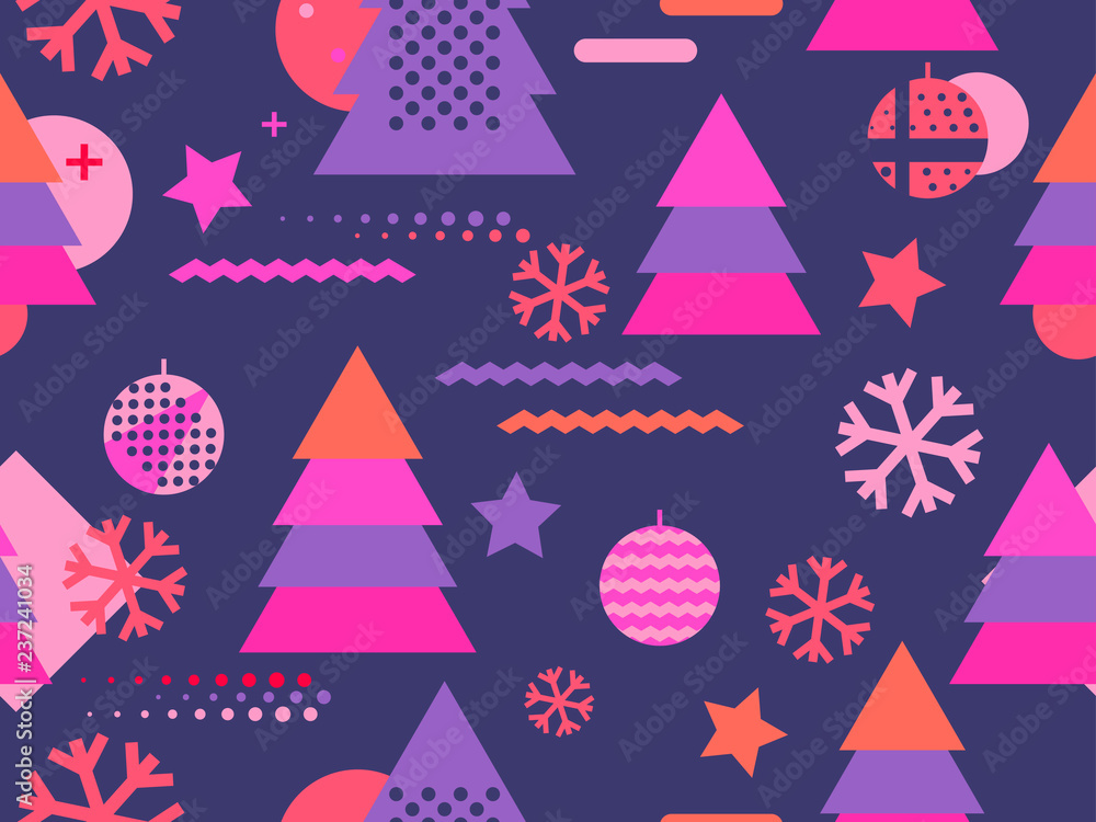 Christmas seamless pattern memphis with snowflakes and fir-trees. Great for brochures, promotional material, wrapping paper and wallpapers. Vector illustration