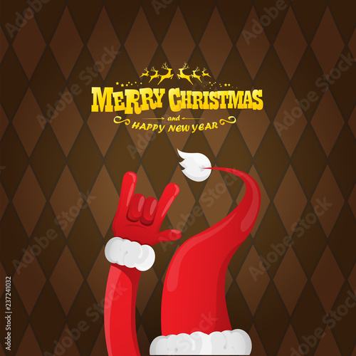 vector cartoon rock n roll Santa Claus character with gold calligraphic greeting text on brown plaid background. Merry Christmas Rock n roll party poster design or greeting card.