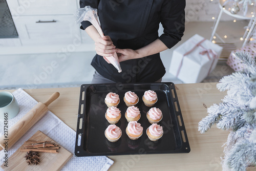 Cooking cake in the kitchen.