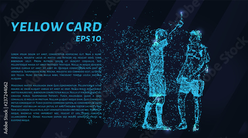 Yellow card. A grid of blue stars in the night sky. Points of light create the shape of the referee showing a yellow card. Violation, foul, punishment, football and other concepts illustration.