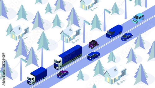 Road in winter with cars, truck used for workflow layout, game, diagram, number options, web design and infographics. Isometric flat illustration