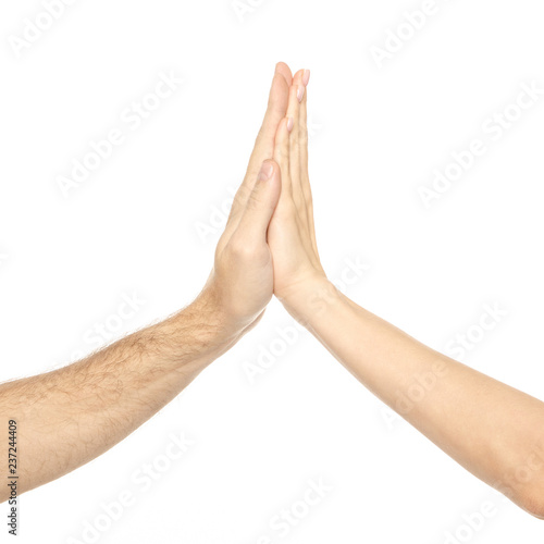Couple hands give five on white background isolation