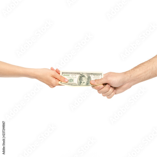 Two hands male female money dollars on white background isolation