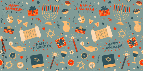 Bright cheerful Happy Hanukkah vector pattern, seamless repeat with red, blue & beige shades. Modern graphic style. Great for gift wrapping paper, greeting cards, apparel design etc.