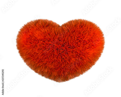 Red fluffy heart. Furry plush heart on white background. Heart shape red fluffy soft pillow or cushion for Valentine s day love. 3d rendering.