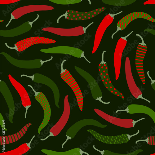 Cute easy going pepperoni peppers pattern, seamless vector repeat on plain background in green and red hues. Trendy flat illustration style.