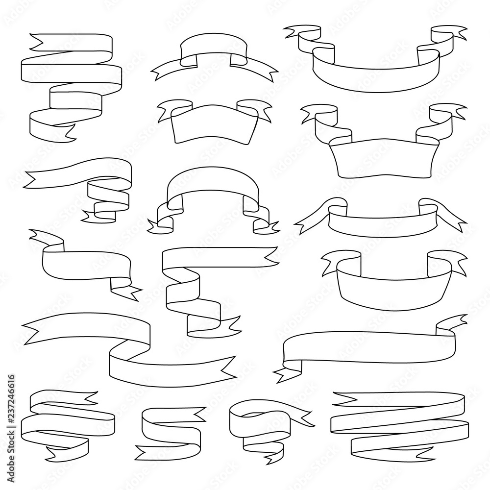 Sketch vector ribbon set. Banner isolated shapes