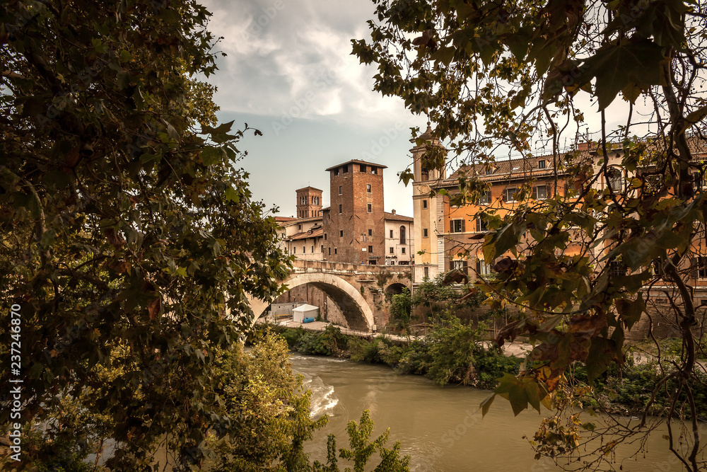 Late Autumn in Rome, Italy. Roman famous Bridges over Tiber