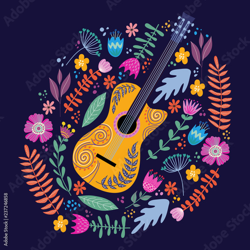 Isolated Guitar and Bright tropical leaves and flowers on blue background. Hand drawing folk flat doodles vector illustration