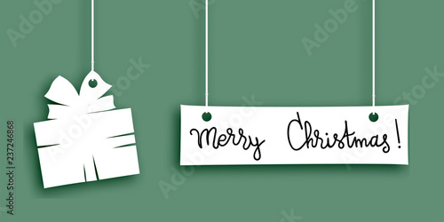 Merry christmas words and fir made of paper label, vector