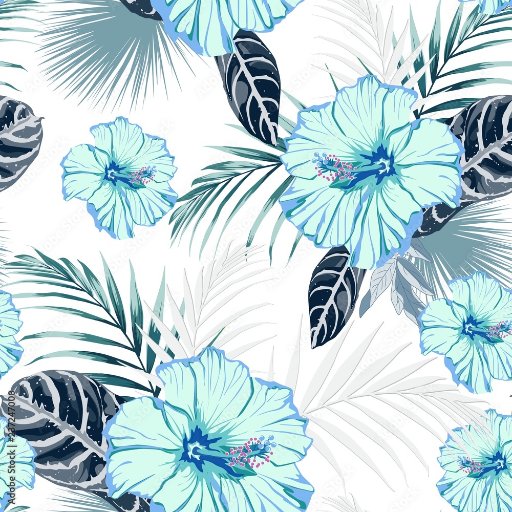 Fototapeta Seamless fashionable abstract graphical hand drawing blue hibiscus flowers and exotic leaves, print on white background. Tropical summer, spring backdrop.