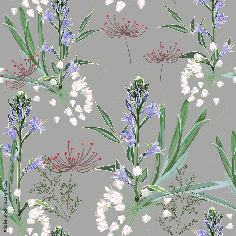Fototapeta premium Floral seamless pattern with wild violet bels flowers branch, herbs, grasses, fern. Vintage background.