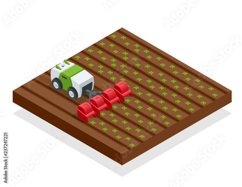 Isometric automation smart farming on the field. Artificial intelligence robots in agricultural. Organic food, agriculture concept.