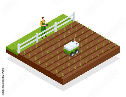 Isometric automation smart farming on the field. Artificial intelligence robots in agricultural. Organic food, agriculture concept.