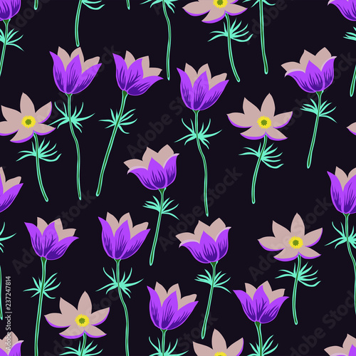 Seamless pattern with pasqueflower