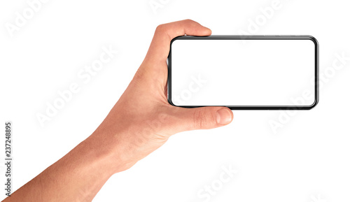 Man hand holding the black smartphone with blank screen