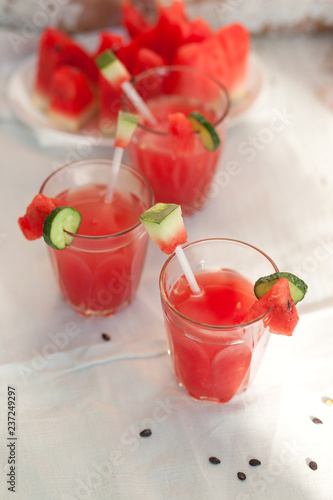 A refreshing drink made with fresh watermelon and cucumber