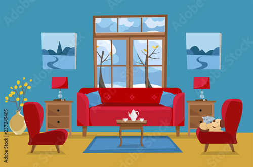 Living room in yellow red blue colors. Red sofa with table, nightstand, paintings, lamps, vase, carpet, porcelain set, chairs in room with large window.Outside winter snowy nature. Flat cartoon vector