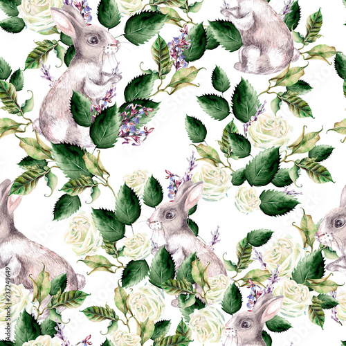 Watercolor pattern with Fanny banny, green leaves and lavender flowers.