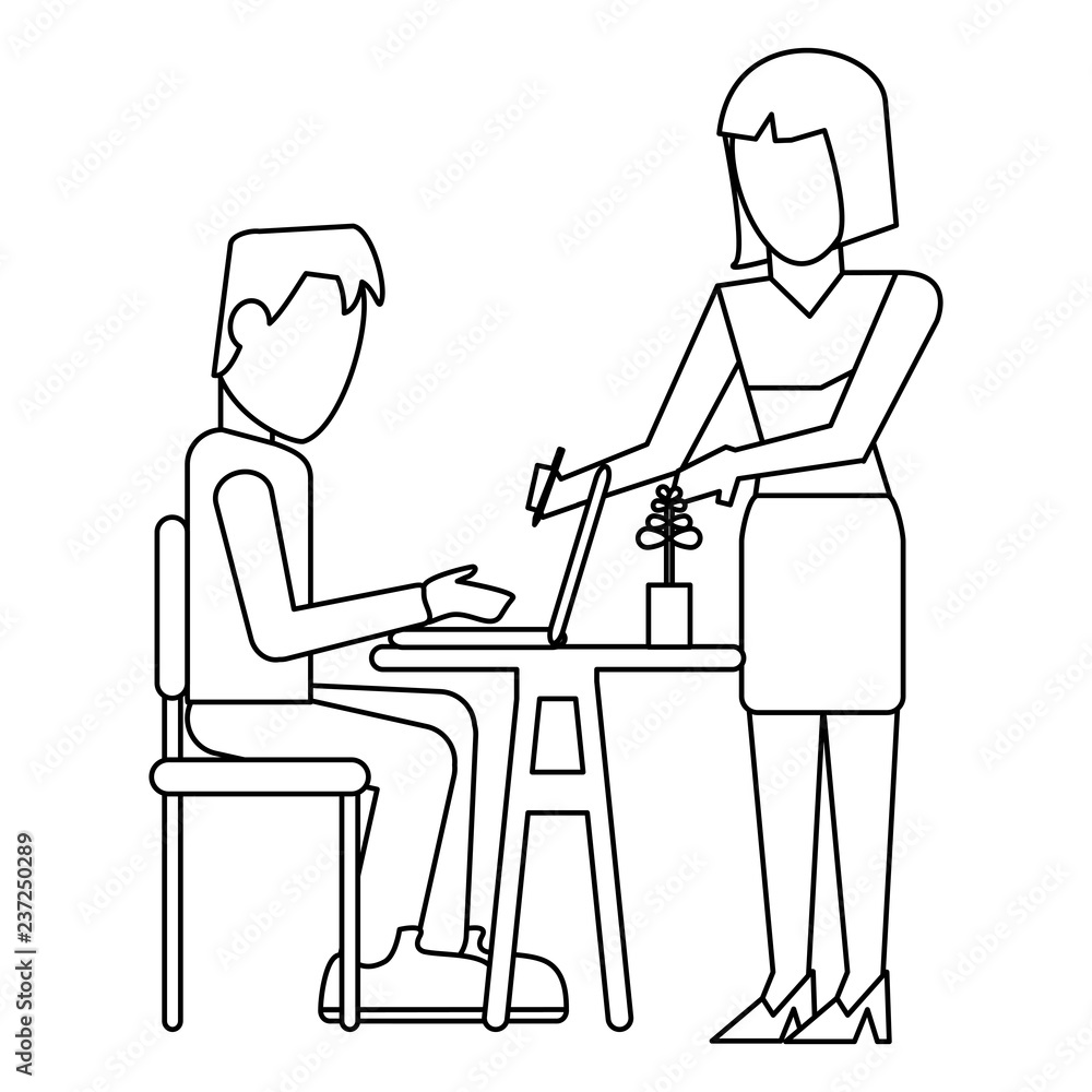 Working with computer avatar black and white Working with computer avatar black and white