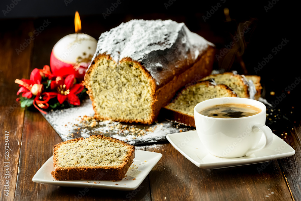 cup of hot coffee and Christmas cake
