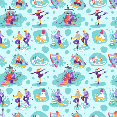 Beautiful vector seamless pattern with ski, snowboarding, snowsh