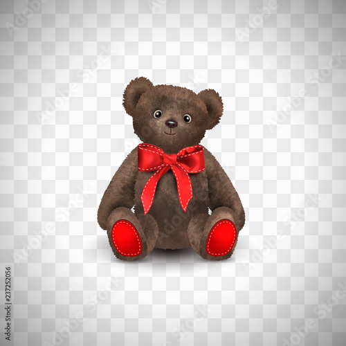 Sitting fluffy cute brown teddy bear with a red bow. Children's toy isolated on transparent background. Realistic vector illustration