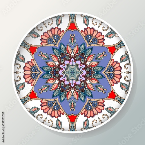 Vector decorative ceramic plate with round mandala pattern.