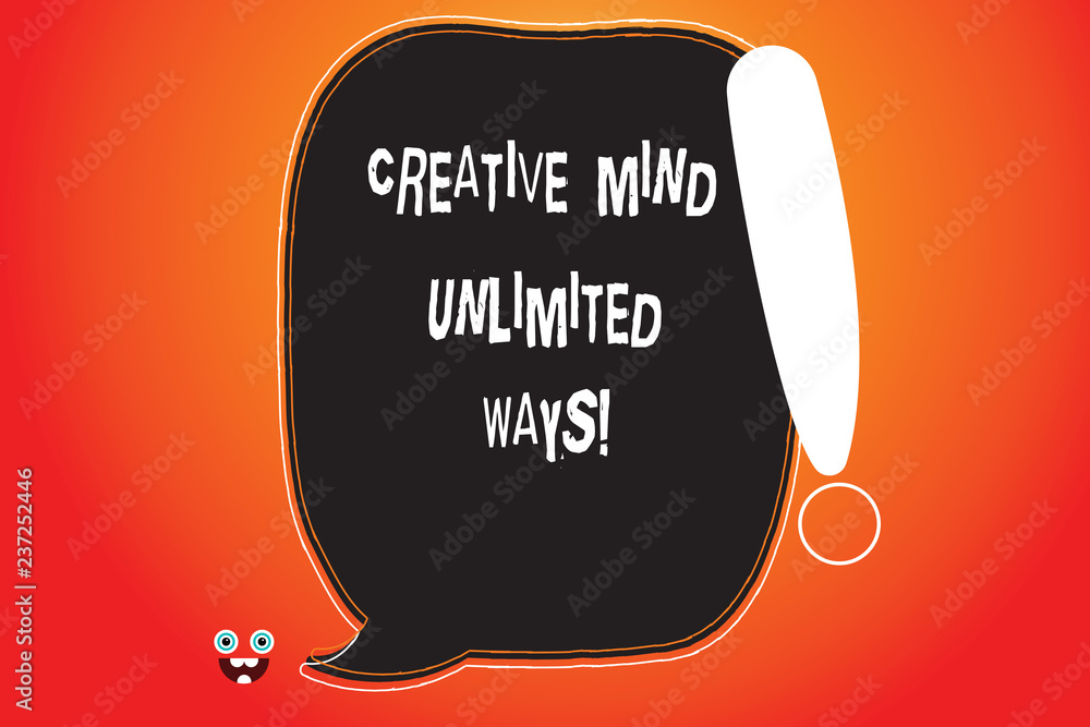 Handwriting text writing Creative Mind Unlimited Ways. Concept meaning Creativity brings lots of possibilities Blank Color Speech Bubble Outlined with Exclamation Point Monster Face icon Handwriting text writing Creative Mind Unlimited Ways. Concept meaning Creativity brings lots of possibilities Blank Color Speech Bubble Outlined with Exclamation Point Monster Face icon