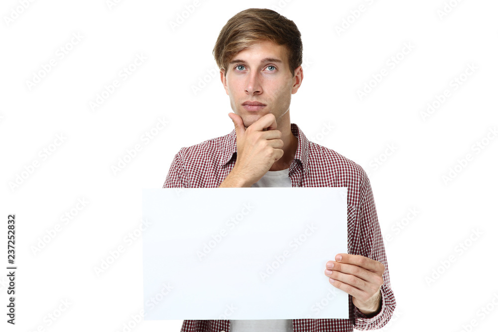 Beautiful young man holding blank board on white background Beautiful young man holding blank board on white background