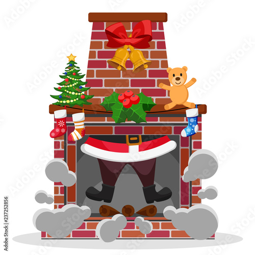 Santa Claus comes down in the fireplace on a white.