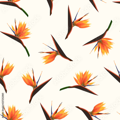 Exotic tropical bright orange flowers isolated on beige background. Strelitzia bird of paradise foliage seamless pattern texture. Vector design illustration for fashion, textile, fabric, decoration.