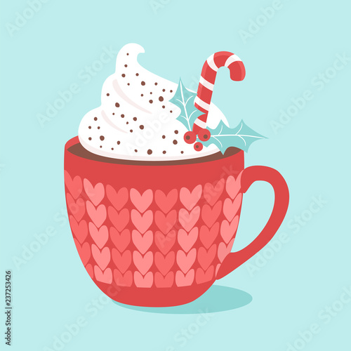 Christmas Hot chocolate with cream and candy cane. Vector illustrations