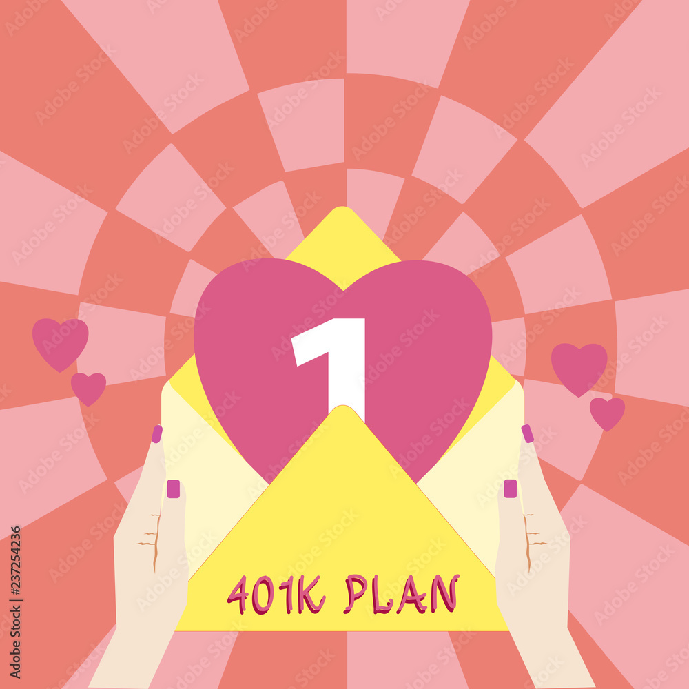 Handwriting text 401K Plan. Concept meaning qualified employer sponsored retirement plan that employees make Female Hu analysis Hand Holding an Open Envelope with Big Heart coming out Handwriting text 401K Plan. Concept meaning qualified employer sponsored retirement plan that employees make Female Hu analysis Hand Holding an Open Envelope with Big Heart coming out