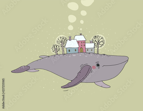 Beautiful cartoon whale and winter landscape. New Year card. Fabulous fish