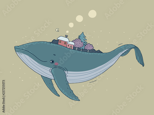 Beautiful cartoon whale and winter landscape. New Year card. Fabulous fish