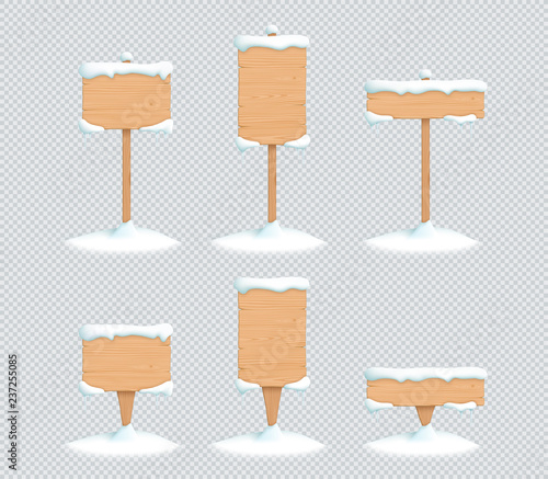 Wooden Sign Winter Snow 3d Vector Illustration Set