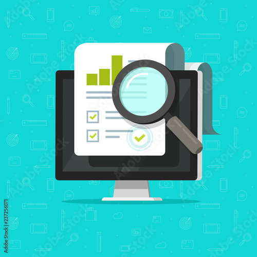 Audit research on computer vector, flat cartoon big paper financial report data analysis on pc and magnifier, concept of accounting analytics with graphs charts, digital document success check icon