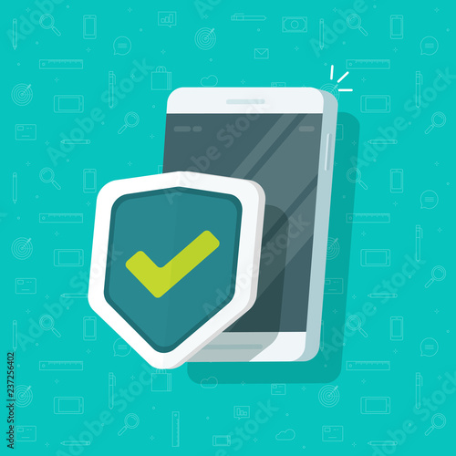 Mobile phone security protection vector illustration isolated, flat cartoon smartphone protected with shield sign, cellphone access protection or guard secure technology system concept