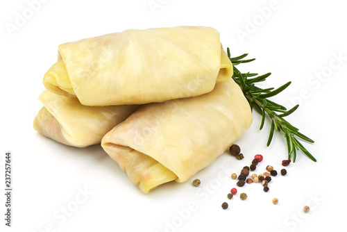 Stuffed cabbage rolls with meat, herbs and spices, isolated on a white background. Close-up