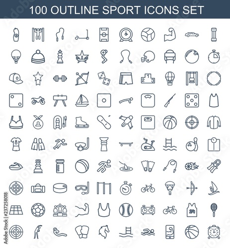 sport icons. Set of 100 outline sport icons included stopwatch, basketball, muscular arm on phone on white background. Editable sport icons for web, mobile and infographics.