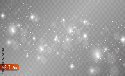 White sparks and golden stars glitter special light effect. Vector sparkles on transparent background. Christmas abstract pattern. Sparkling magic dust particles