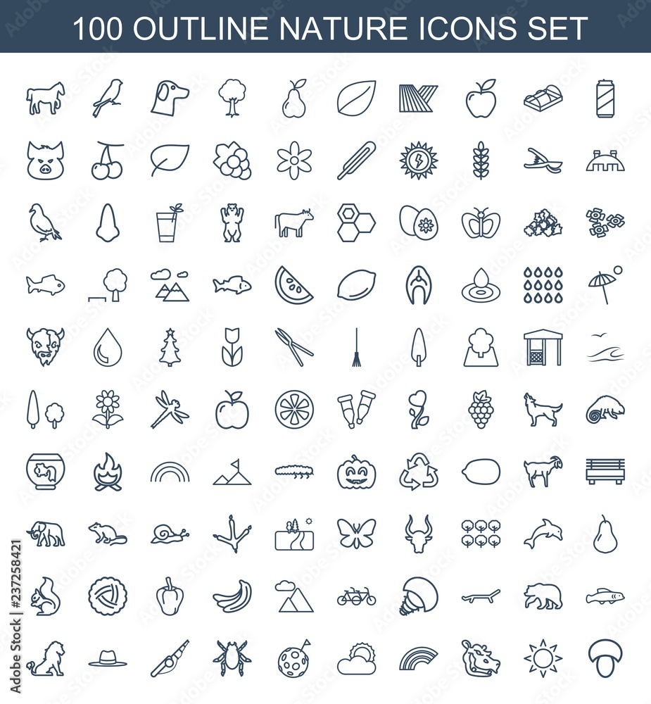 nature icons. Set of 100 outline nature icons included mushroom, sun ...