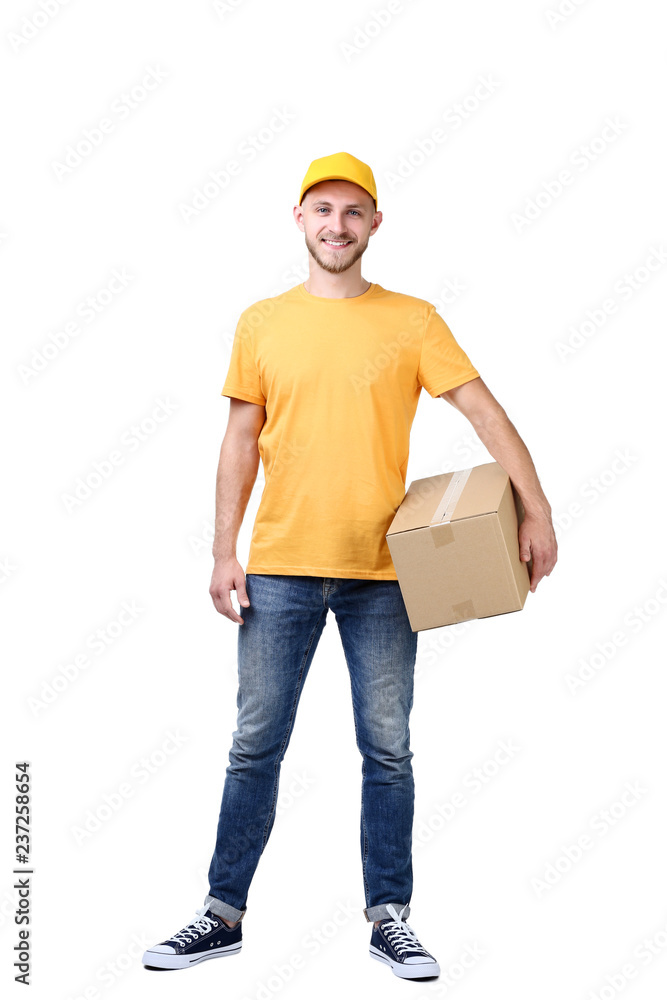 Delivery man with cardboard box on white background Delivery man with cardboard box on white background