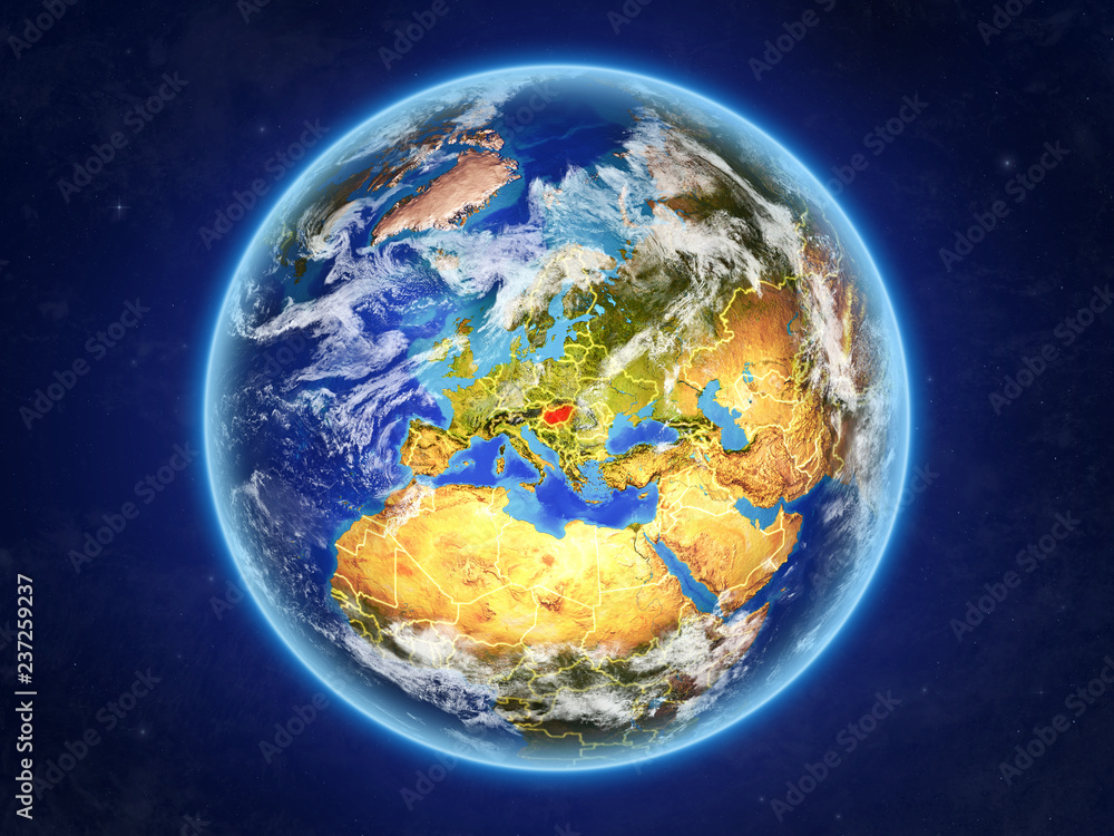 Fototapeta premium Hungary from space. Planet Earth with country borders and extremely high detail of planet surface and clouds.