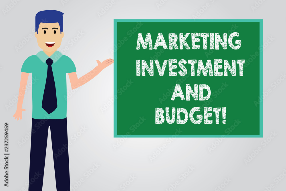 Handwriting text writing Marketing Investment And Budget. Concept meaning Invest money in advertising promotions Man with Tie Standing Talking Presenting Blank Color Square Board photo