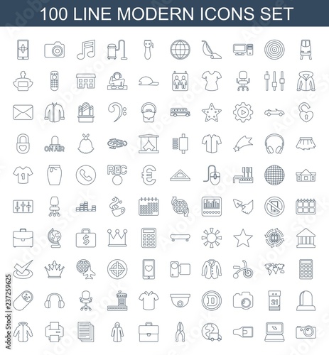 modern icons. Set of 100 line modern icons included camera, laptop, volume, international delivery on white background. Editable modern icons for web, mobile and infographics.