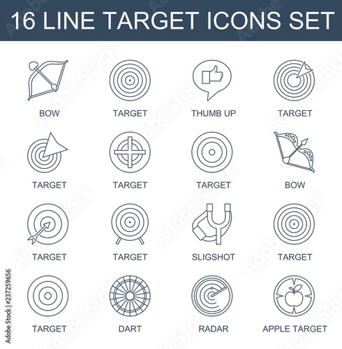 target icons. Set of 16 line target icons included bow, thumb up, sligshot, dart, radar, apple target on white background. Editable target icons for web, mobile and infographics.