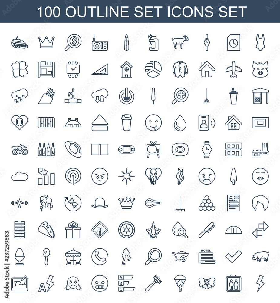 set icons. Set of 100 outline set icons included flash, elevator, bow, man with parachute, razor, statistic on white background. Editable set icons for web, mobile and infographics. set icons. Set of 100 outline set icons included flash, elevator, bow, man with parachute, razor, statistic on white background. Editable set icons for web, mobile and infographics.