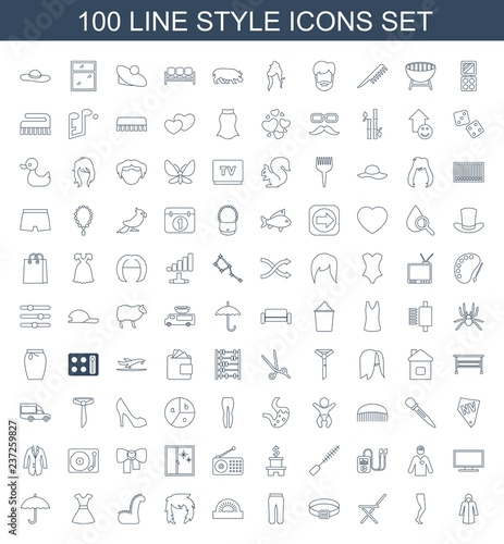 style icons. Set of 100 line style icons included overcoat, tights, outdoor chair, belt, pants, protractor on white background. Editable style icons for web, mobile and infographics.